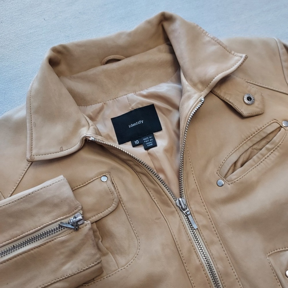 Identify Womens 10 Tan Leather Moto Jacket‎ Zip Pockets Y2K Club